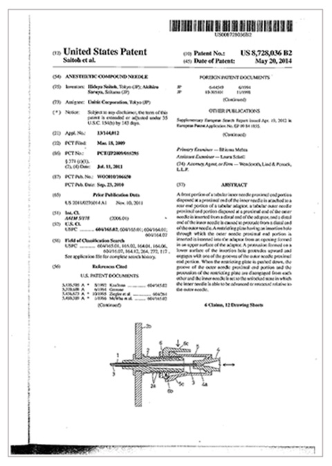 United States Patent No. US8,728,036 B2 ANESTHETIC COMPOUND NEEDLE