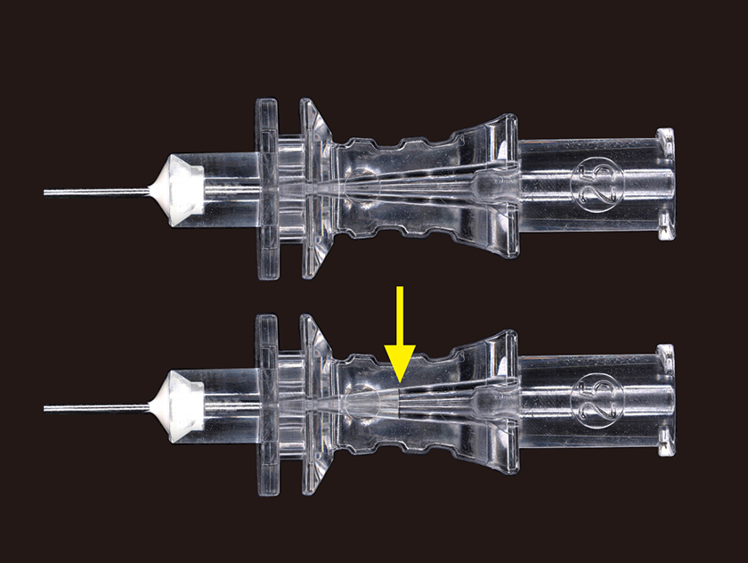 Crystal-clear hub and rapid flush back of CSF